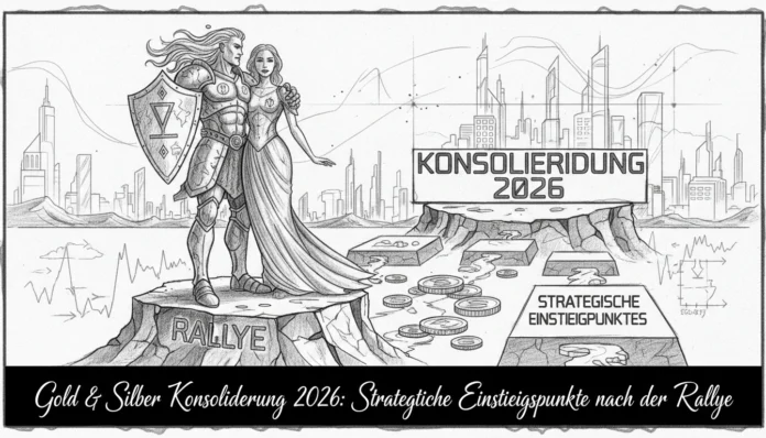 Paar auf Rallye-Fels blickt auf Gold & Silber Konsolidierung 2026 und strategische Einstiegspunkte vor futuristischer Stadt.