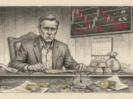 Besorgter Investor vor fallenden Börsenkursen 2026, während Gold und Silber crashen und Edelmetalle auf dem Tisch liegen.