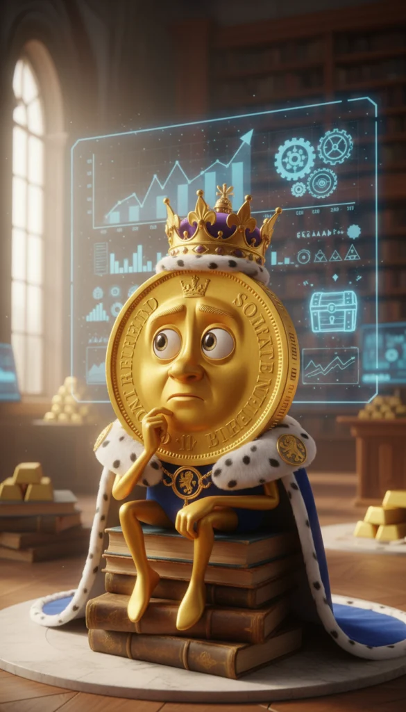Nachdenklicher Gold Sovereign König analysiert Rendite und Limitierung vor digitalen Finanzcharts in einer Bibliothek.