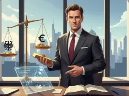 Mann mit Goldbarren und Waage mit Bundesadler symbolisiert das deutsche Regelwerk für Gold und Steuern.