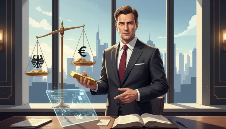 Mann mit Goldbarren und Waage mit Bundesadler symbolisiert das deutsche Regelwerk für Gold und Steuern.