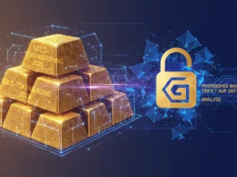Pyramide aus Goldbarren mit digitalem Netz und Schloss-Symbol zur Analyse von Gold-Tokenisierung und DeFi 2026.