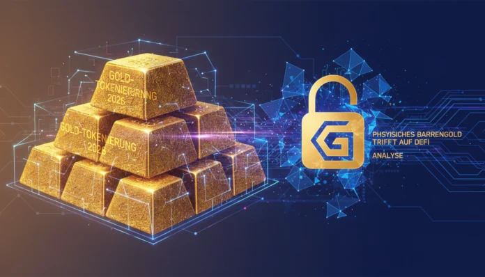 Pyramide aus Goldbarren mit digitalem Netz und Schloss-Symbol zur Analyse von Gold-Tokenisierung und DeFi 2026.