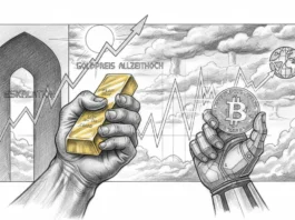 Goldbarren und Bitcoin vor Iran-Eskalation mit steigendem Goldpreis-Chart auf ein neues Allzeithoch in 2026.