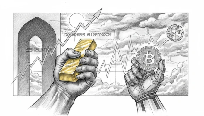 gold-vs-bitcoin-iran-escalation-gold-price-all-time-high-2026.webp Goldbarren und Bitcoin vor Iran-Eskalation mit steigendem Goldpreis-Chart auf ein neues Allzeithoch in 2026.