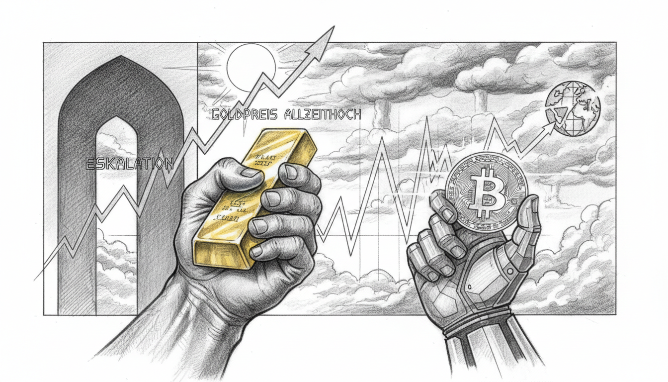 gold-vs-bitcoin-iran-escalation-gold-price-all-time-high-2026.webp Goldbarren und Bitcoin vor Iran-Eskalation mit steigendem Goldpreis-Chart auf ein neues Allzeithoch in 2026.