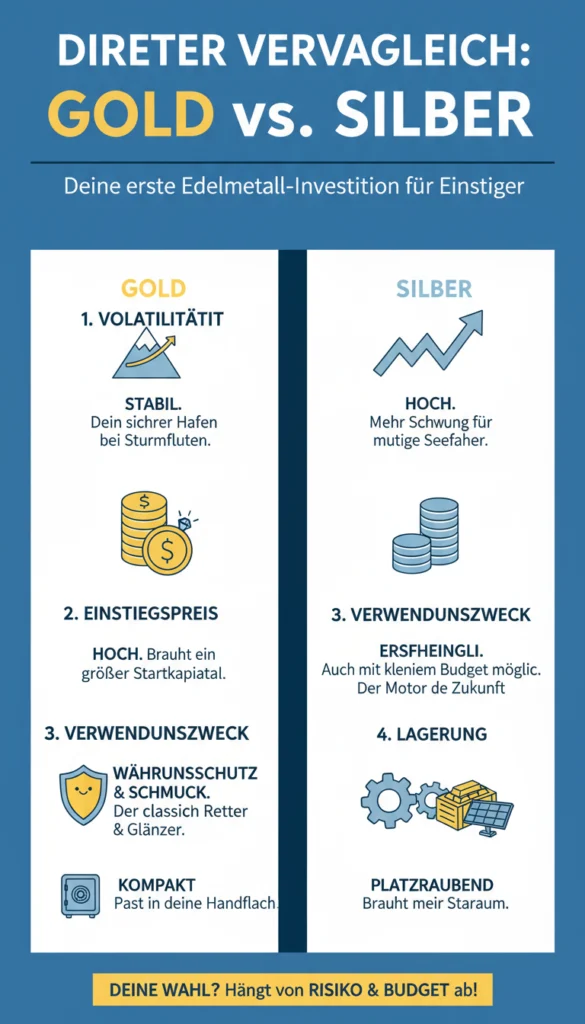 Gold vs. Silber: In welches Edelmetall sollten Sie zuerst investieren? 1 Eine Infografik mit dem Titel 'Direkter Vergleich: Gold vs. Silber' für Einsteiger. Sie vergleicht beide Edelmetalle in vier Kategorien: Volatilität (Gold stabil vs. Silber hoch), Einstiegspreis (Gold hoch vs. Silber erschwinglich), Verwendungszweck (Gold für Währungsschutz/Schmuck vs. Silber als industrieller Motor der Zukunft) und Lagerung (Gold kompakt vs. Silber platzraubend). Das Fazit lautet, dass die Wahl von Risiko und Budget abhängt.
