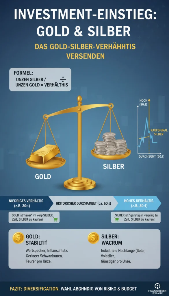 Gold vs. Silber: In welches Edelmetall sollten Sie zuerst investieren? 2 Eine Infografik mit dem Titel 'Direkter Vergleich: Gold vs. Silber' für Einsteiger. Sie vergleicht beide Edelmetalle in vier Kategorien: Volatilität (Gold stabil vs. Silber hoch), Einstiegspreis (Gold hoch vs. Silber erschwinglich), Verwendungszweck (Gold für Währungsschutz/Schmuck vs. Silber als industrieller Motor der Zukunft) und Lagerung (Gold kompakt vs. Silber platzraubend). Das Fazit lautet, dass die Wahl von Risiko und Budget abhängt.