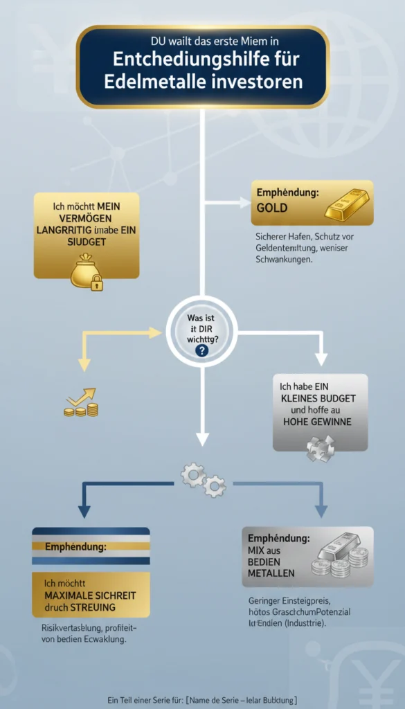 Gold vs. Silber: In welches Edelmetall sollten Sie zuerst investieren? 3 Eine Infografik mit dem Titel 'Direkter Vergleich: Gold vs. Silber' für Einsteiger. Sie vergleicht beide Edelmetalle in vier Kategorien: Volatilität (Gold stabil vs. Silber hoch), Einstiegspreis (Gold hoch vs. Silber erschwinglich), Verwendungszweck (Gold für Währungsschutz/Schmuck vs. Silber als industrieller Motor der Zukunft) und Lagerung (Gold kompakt vs. Silber platzraubend). Das Fazit lautet, dass die Wahl von Risiko und Budget abhängt.