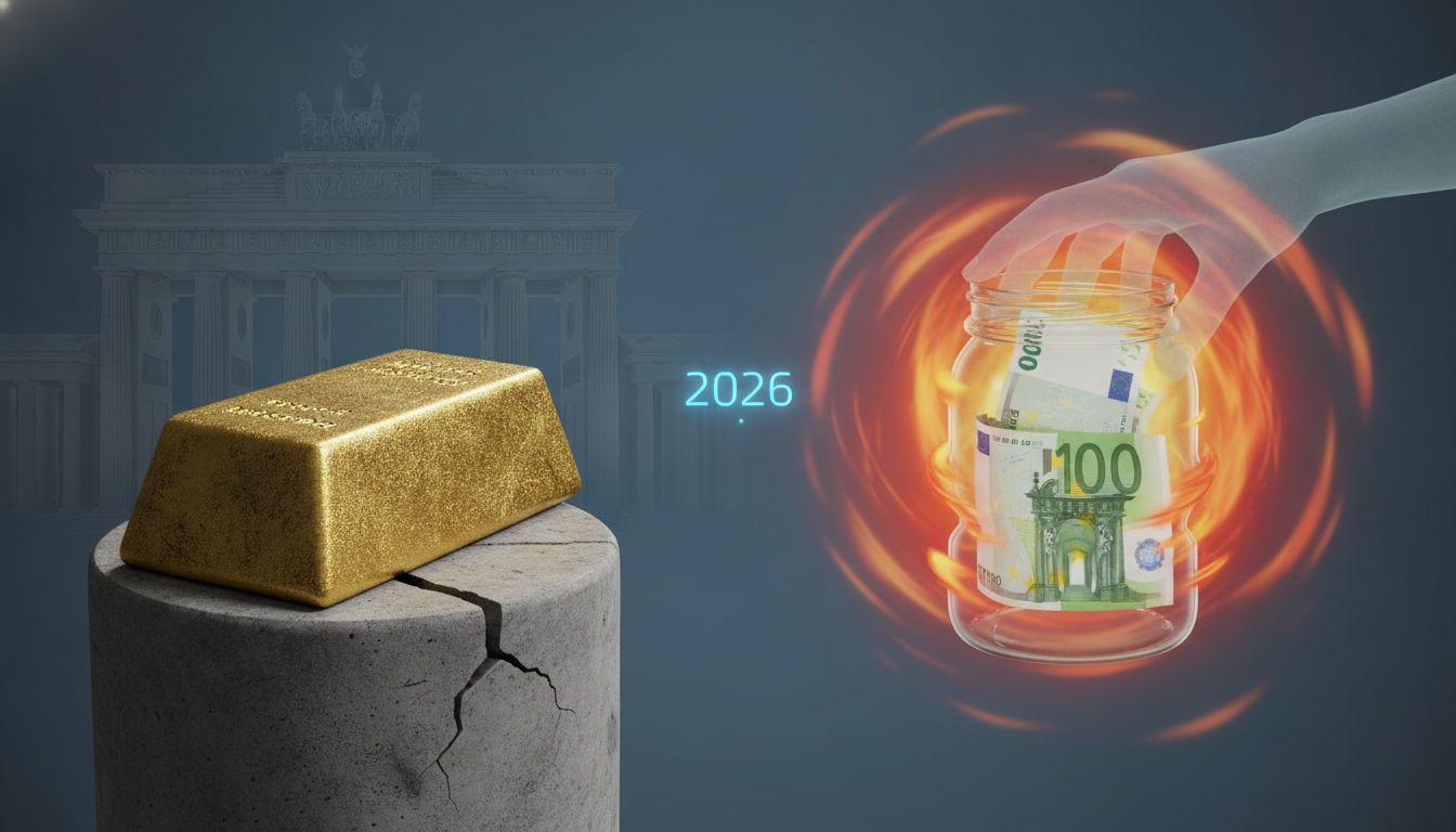 Goldbarren auf rissigem Sockel neben einem brennenden Glas voller Euro-Scheine für den Vergleich Gold vs. Tagesgeld 2026.