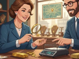 Seriöser Goldankauf Berlin: Expertin prüft Goldmünzen mit Lupe neben einer Waage für faire Preise und echte Werte.
