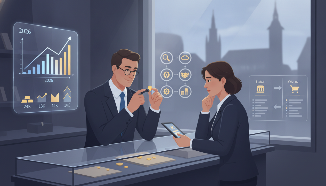 Seriöse Ankäufer beim Goldankauf in Bremen prüfen Goldmünzen mit modernen Datencharts für faire Preise im Jahr 2026.