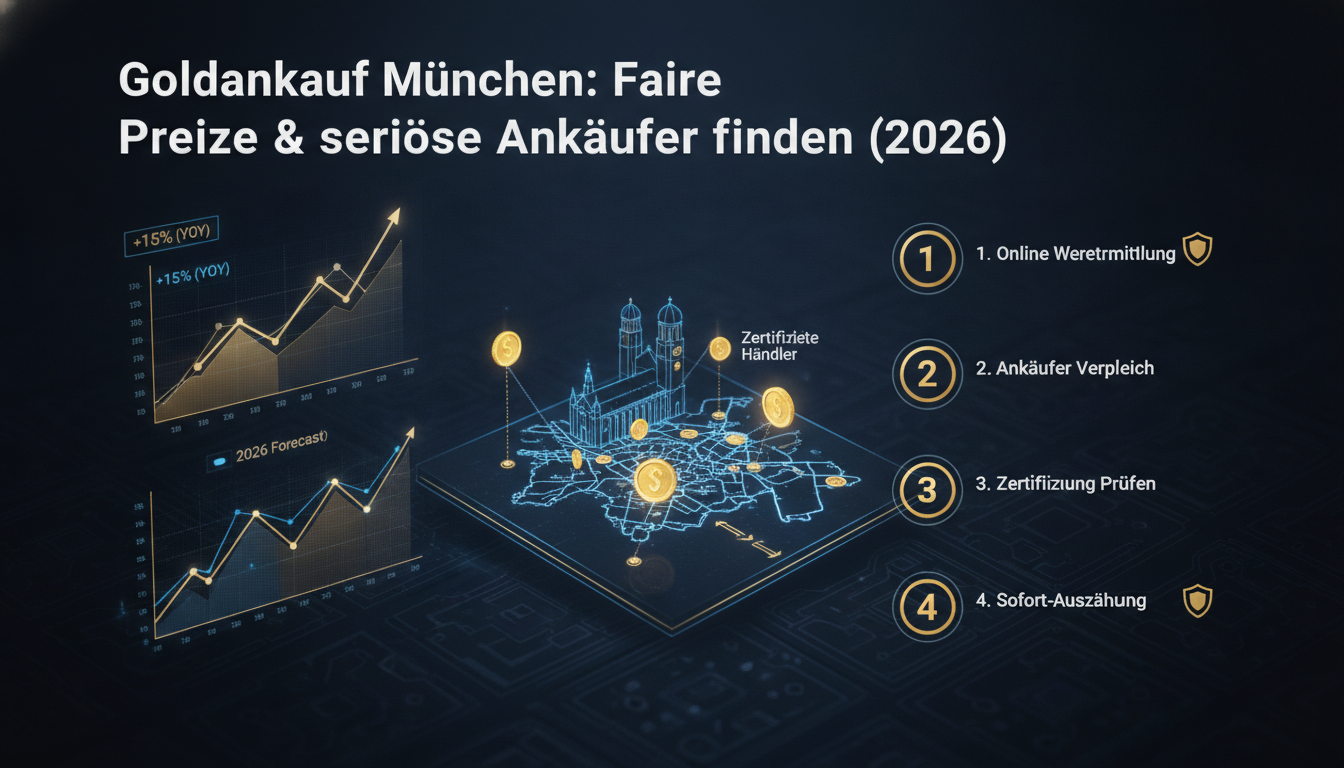 Visualisierung für Goldankauf München mit digitalem Stadtplan, Goldmünzen und Preis-Charts für seriöse Ankäufer.