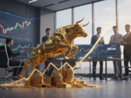 Ein dynamischer goldener Bulle springt über Stapel von Goldmünzen und Barren, was eine starke Marktrallye symbolisiert. Eine leuchtende Aufwärtskurve und ein Pfeil deuten auf einen massiven Kursanstieg hin, während im Hintergrund Geschäftsleute in einem modernen Handelsraum Börsencharts analysieren.