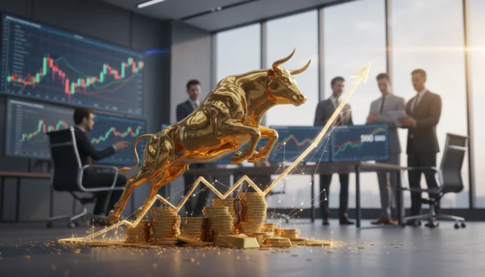 Ein dynamischer goldener Bulle springt über Stapel von Goldmünzen und Barren, was eine starke Marktrallye symbolisiert. Eine leuchtende Aufwärtskurve und ein Pfeil deuten auf einen massiven Kursanstieg hin, während im Hintergrund Geschäftsleute in einem modernen Handelsraum Börsencharts analysieren.
