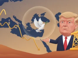 Goldpreis Analyse: Was passiert, wenn Trump im Iran-Konflikt einlenkt? Donald Trump vor fallendem Goldpreis-Chart, Ölquelle und Friedenstaube zur Analyse im Iran-Konflikt.