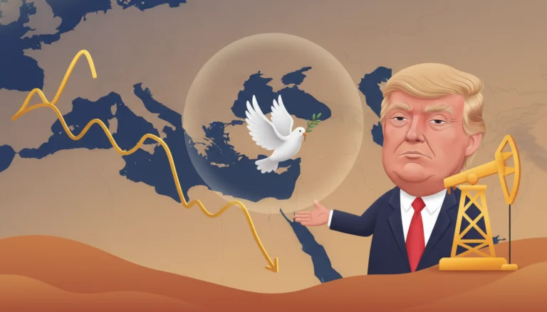 Donald Trump vor fallendem Goldpreis-Chart, Ölquelle und Friedenstaube zur Analyse im Iran-Konflikt.