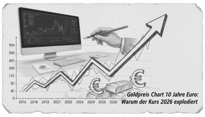 Hand zeichnet einen steil ansteigenden Goldpreis Chart in Euro für 10 Jahre, während der Kurs bis 2026 explodiert.