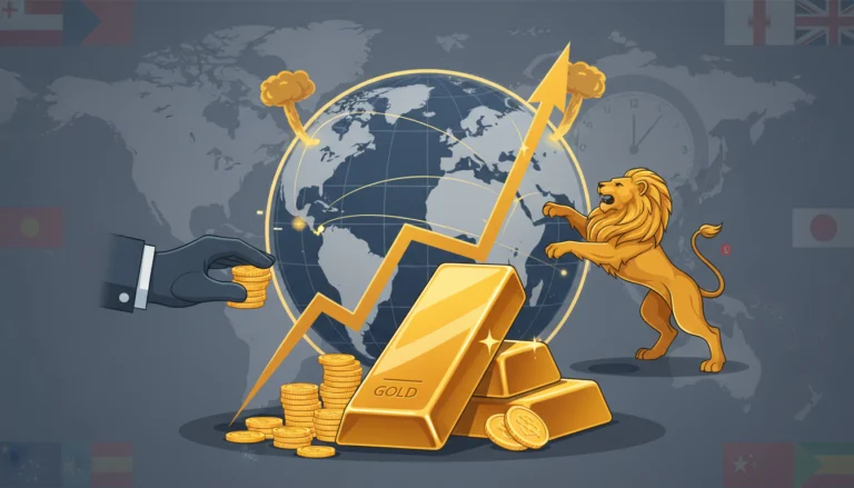 Goldpreis-Rekordjagd: Goldbarren und Münzen vor Weltkugel symbolisieren Zentralbank-Käufe und Geopolitik im März 2026.