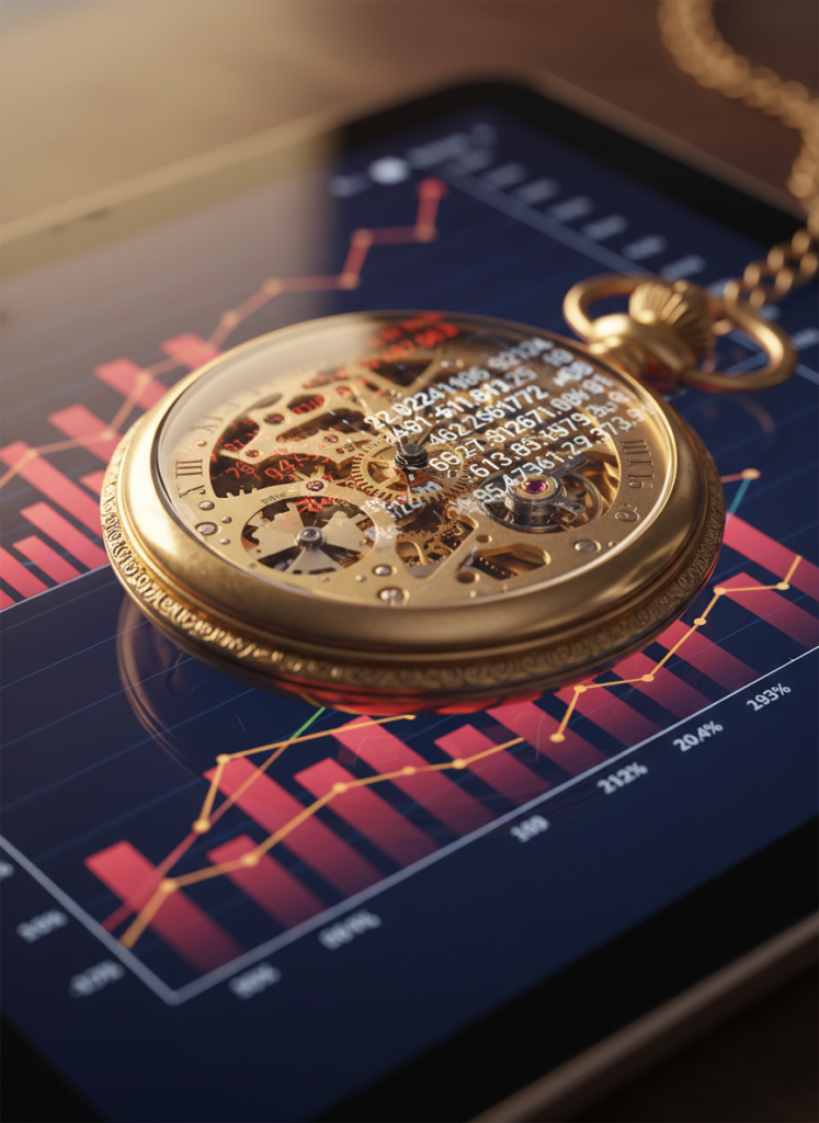 Alte Taschenuhr auf modernen Finanzcharts als Symbol für Zeit und Marktchronologie