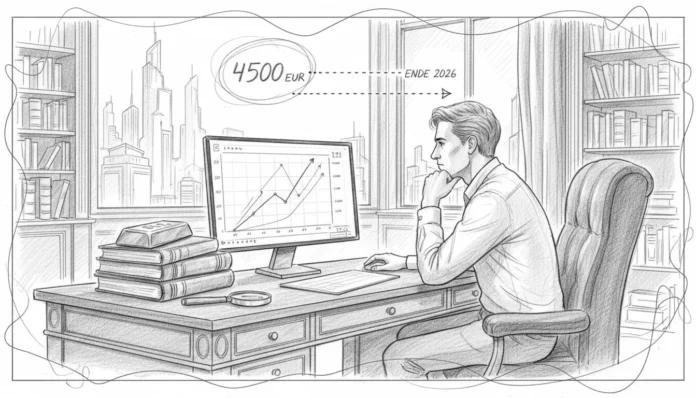 Mann analysiert einen steigenden Chart am Computer für die Goldpreis Prognose Ende 2026 mit Kursziel 4.500 Euro.
