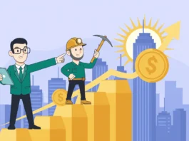 Illustration zum Goldpreis-Trend 2026: Geschäftsmann und Bergbau auf steigendem Balkendiagramm aus Goldbarren.