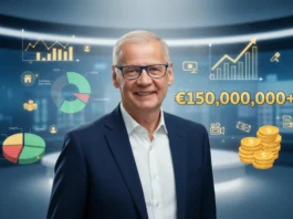 Lächender Günther Jauch vor Finanzgrafiken und 150 Millionen Euro, die sein beeindruckendes Vermögen symbolisieren.