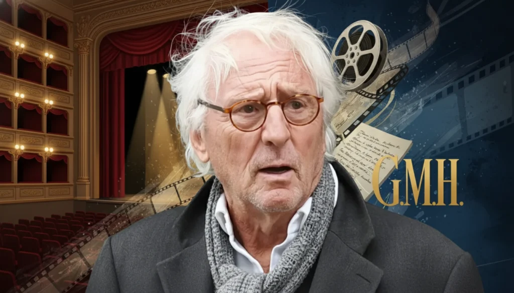 Günther Maria Halmer vor Theaterbühne und Filmrolle symbolisiert sein Millionen-Erbe und künstlerischen Nachlass.