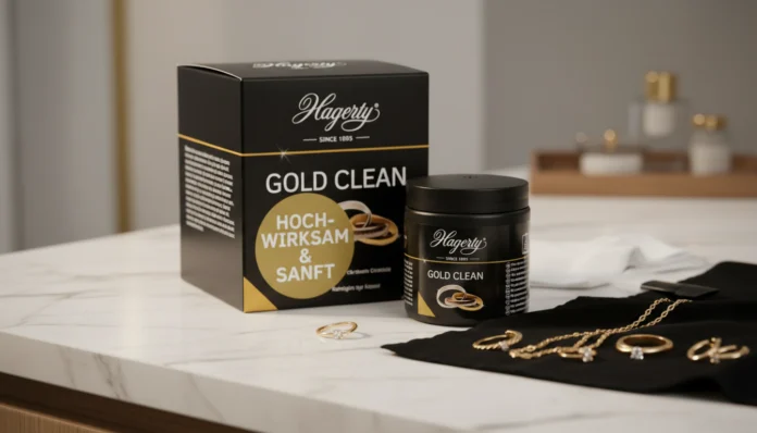A professional display of Hagerty Gold Clean jewelry cleaning products, featuring a black box and jar alongside several gold rings and a necklace resting on a black polishing cloth atop a marble surface.
