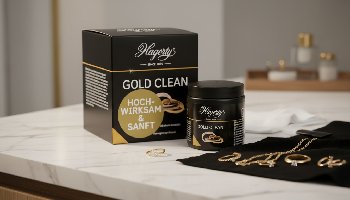 hagerty-gold-clean-jewelry-care-kit (1) A professional display of Hagerty Gold Clean jewelry cleaning products, featuring a black box and jar alongside several gold rings and a necklace resting on a black polishing cloth atop a marble surface.