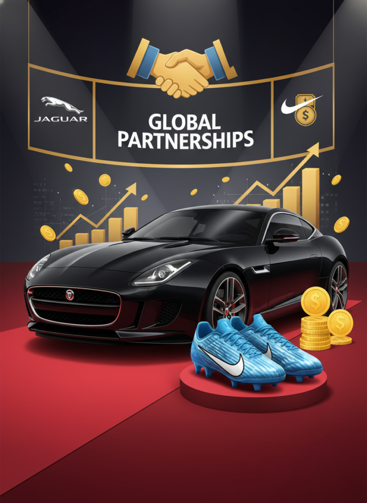 Jaguar Sportwagen und Nike Fußballschuhe als Symbol für Werbeverträge