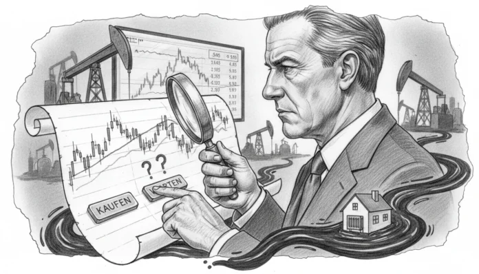 Analyst prüft den Ölpreis heute mit einer Lupe zur Experten-Analyse: Jetzt Heizöl kaufen oder warten?
