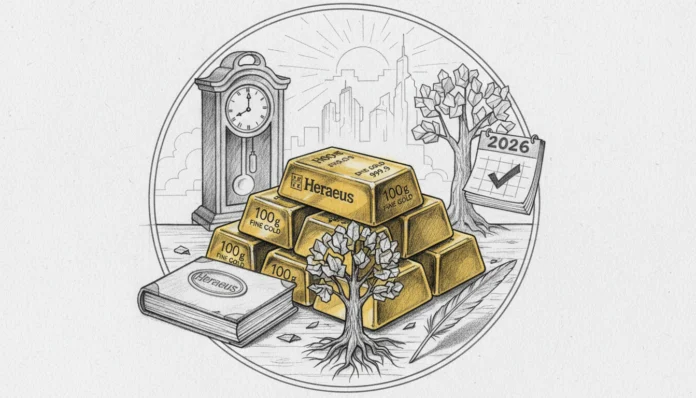 heraeus-100g-gold-bars-retirement-gap-2026.webp 100g Heraeus Goldbarren, Standuhr und Kalender 2026 als sicheres Fundament zur Schließung der Rentenlücke.
