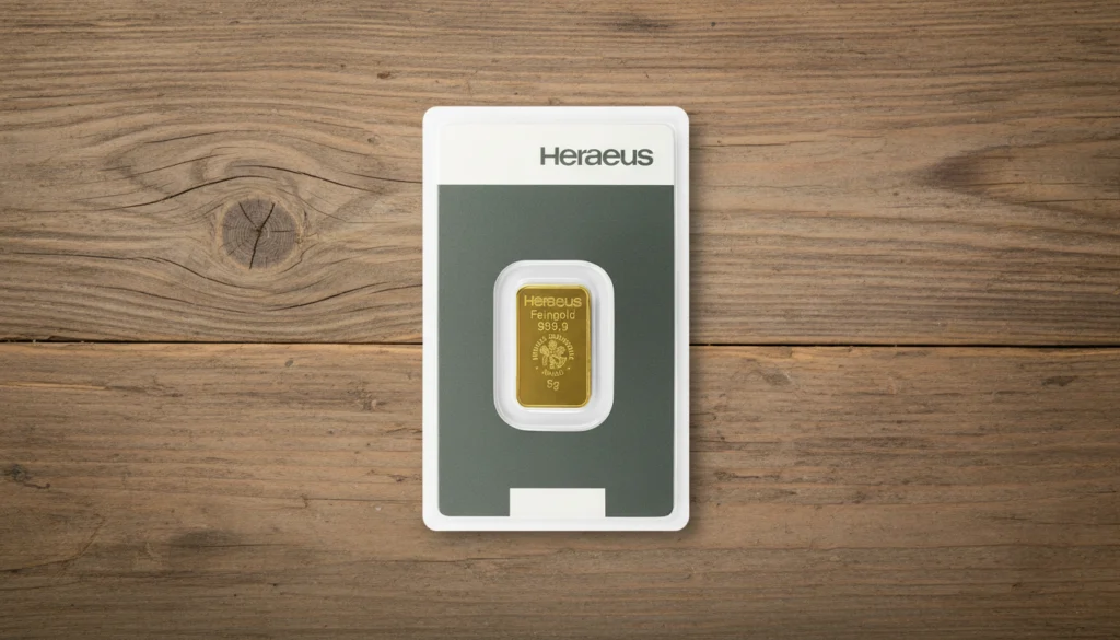 Ein 5 g schwerer Heraeus-Feingoldbarren mit einem Feingehalt von 999,9, sicher verpackt in einer grauen Prüfkarte, präsentiert auf einer strukturierten Holztischplatte.