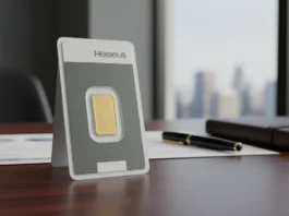 Gold per Post? Mein Härtetest mit dem 1g Heraeus Goldbarren „Ein Heraeus-Goldbarren in einer schützenden Prüfkarte steht auf einem Holzschreibtisch in einem Büro, umgeben von einem Füllfederhalter, einem ledergebundenen Notizbuch und Finanzdokumenten; im Hintergrund ist eine Stadtlandschaft zu sehen.“