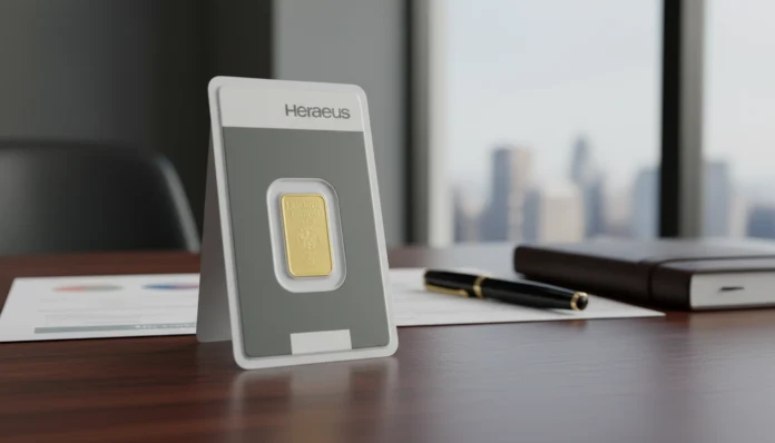 heraeus-gold-bar-investment-office-desk „Ein Heraeus-Goldbarren in einer schützenden Prüfkarte steht auf einem Holzschreibtisch in einem Büro, umgeben von einem Füllfederhalter, einem ledergebundenen Notizbuch und Finanzdokumenten; im Hintergrund ist eine Stadtlandschaft zu sehen.“