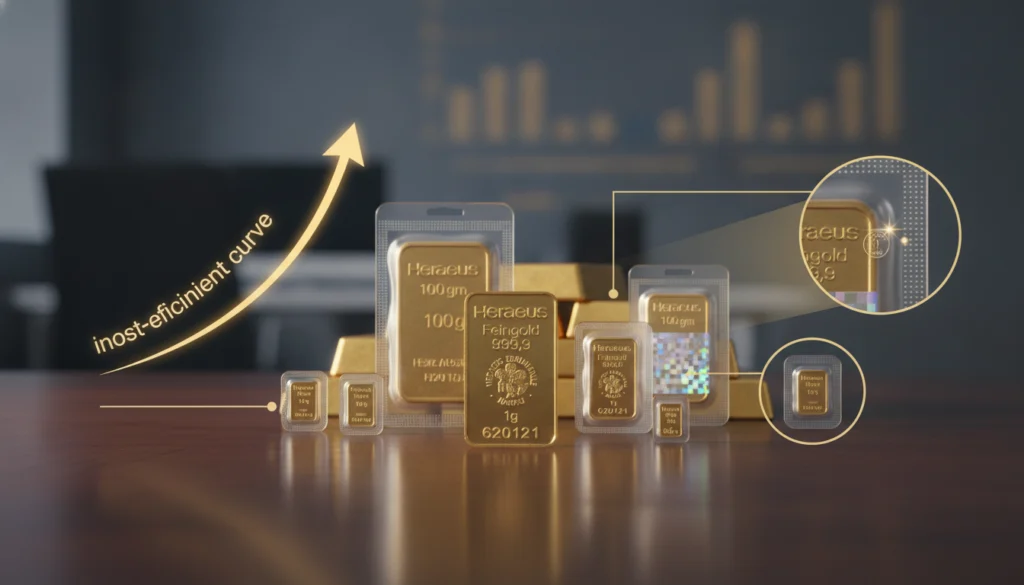 Heraeus Goldbarren: Preise, Wert & alle Größen im Überblick Heraeus Goldbarren in verschiedenen Größen auf einem Tisch zur Übersicht von Wert und Preisen mit Effizienzkurve.