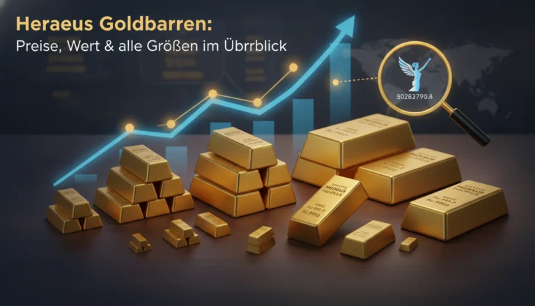 Verschiedene Größen von Heraeus Goldbarren vor einem ansteigenden Finanzgraph zur Bestimmung von Wert und Preisen.