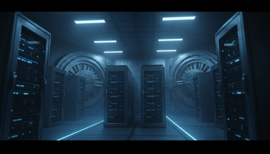 Eine filmreife Weitwinkelaufnahme eines futuristischen Serverraums in einem Hochsicherheitstresor. Im Raum befinden sich Reihen leuchtender Serverracks und im Hintergrund zwei massive, runde Tresortüren aus Metall, alles in dramatisches blaues Umgebungslicht getaucht.