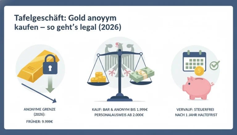 Tafelgeschäft-Infografik zeigt, wie man 2026 legal Gold anonym kaufen kann, samt Freigrenzen und Haltefristen.