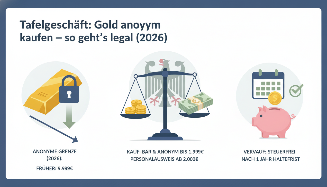 Tafelgeschäft-Infografik zeigt, wie man 2026 legal Gold anonym kaufen kann, samt Freigrenzen und Haltefristen.