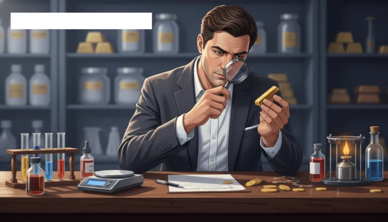 Experte prüft Goldbarren mit Lupe, um festzustellen ob Gold echt ist für ein sicheres Investieren in Edelmetalle.