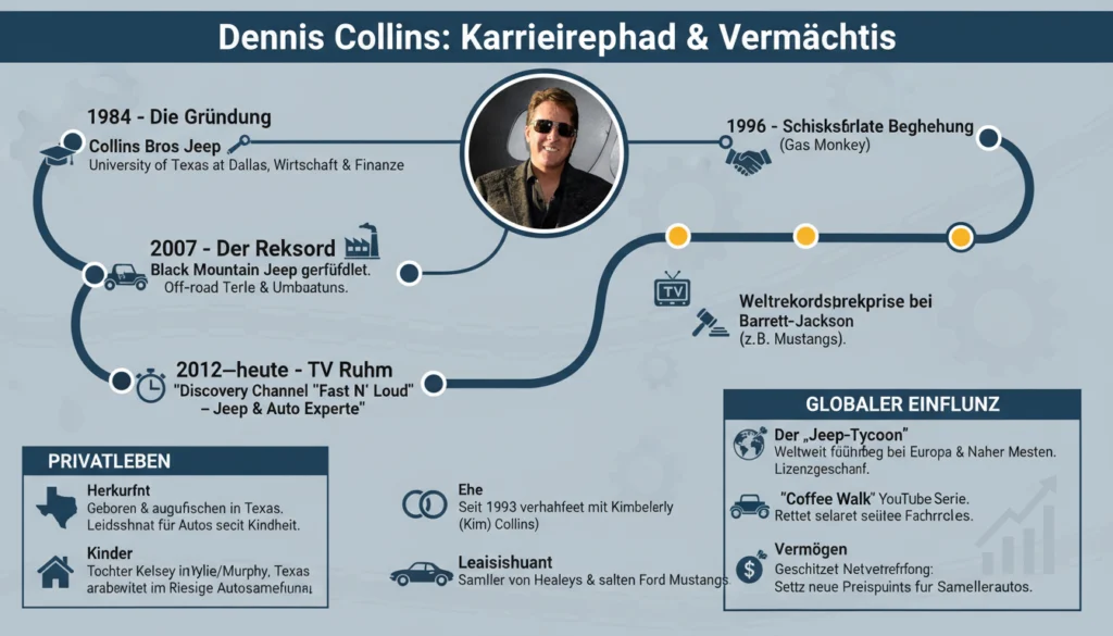 Infografik: Dennis Collins' Karriereweg von 1984 über Fast N' Loud bis zum Jeep-Tycoon und Weltrekorden.