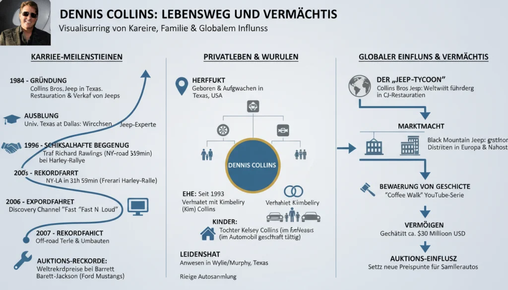 Infografik: Dennis Collins' Karriereweg von 1984 über Fast N' Loud bis zum Jeep-Tycoon und Weltrekorden.