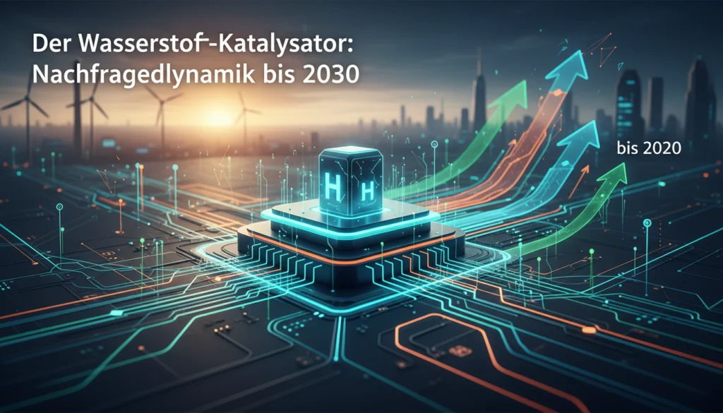 Platin investieren 2026: Experten-Prognosen, Preise & Kaufguide 1 Der Wasserstoff-Katalysator als leuchtender Würfel mit aufsteigenden Pfeilen für die Nachfragedynamik bis 2030.