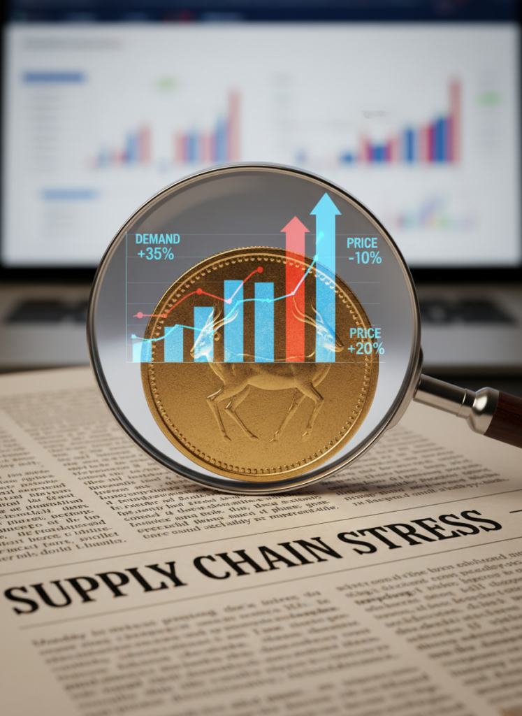 Gold vs. Bitcoin: Iran-Eskalation treibt Goldpreis auf Allzeithoch – Marktanalyse 4 Fig 4: Physische Goldmünze und Zeitungsschlagzeile zu Lieferengpässen