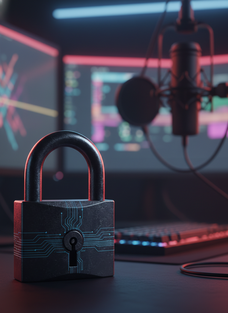 Fig 3: Ein massives Vorhängeschloss vor einem Streaming-Setup, als Symbol für digitale Sicherheit.