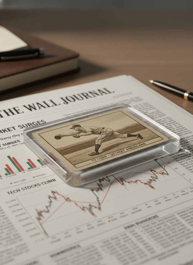 Fig 2: Sammelkarten als alternatives Investment, auf Finanzzeitungen liegend.