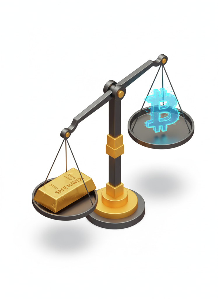 Gold vs. Bitcoin: Iran-Eskalation treibt Goldpreis auf Allzeithoch – Marktanalyse 2 Fig 2: Waage zeigt Gold als schwereren sicheren Hafen im Vergleich zu Bitcoin