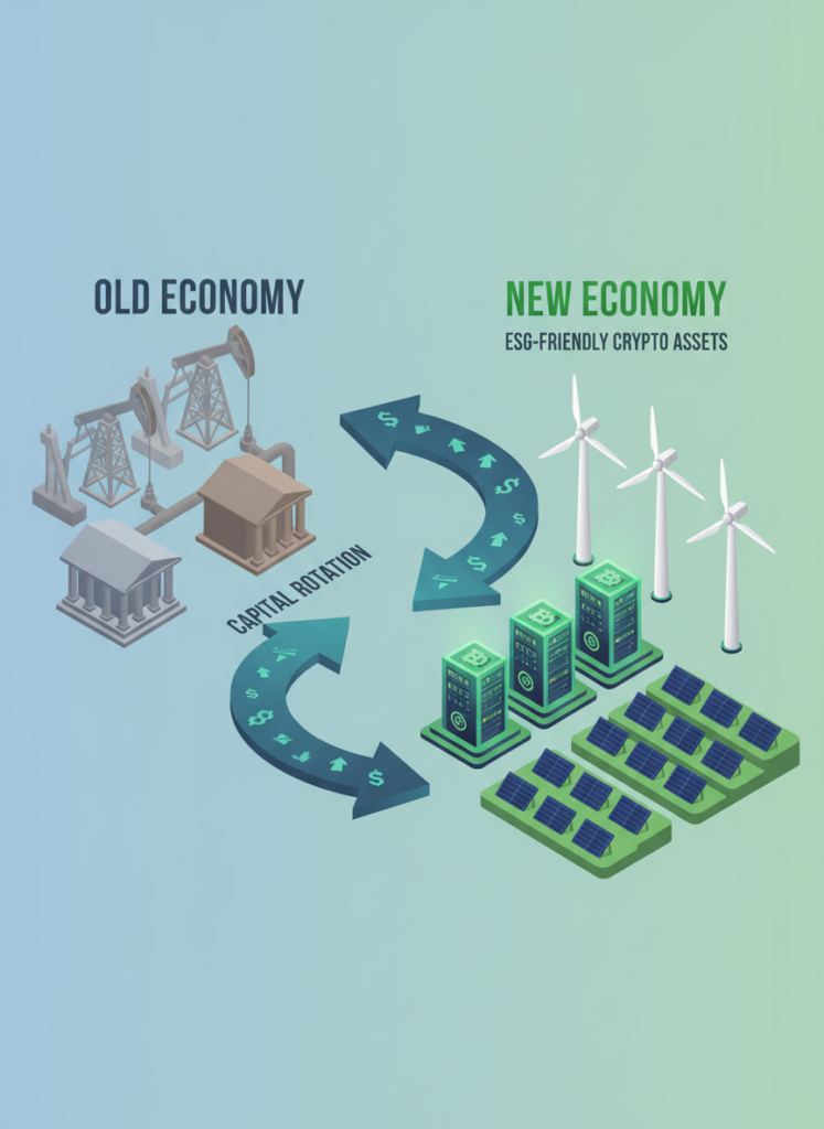 Fig 2: Kapitalfluss von traditioneller Wirtschaft in grünes Bitcoin Mining und ETFs